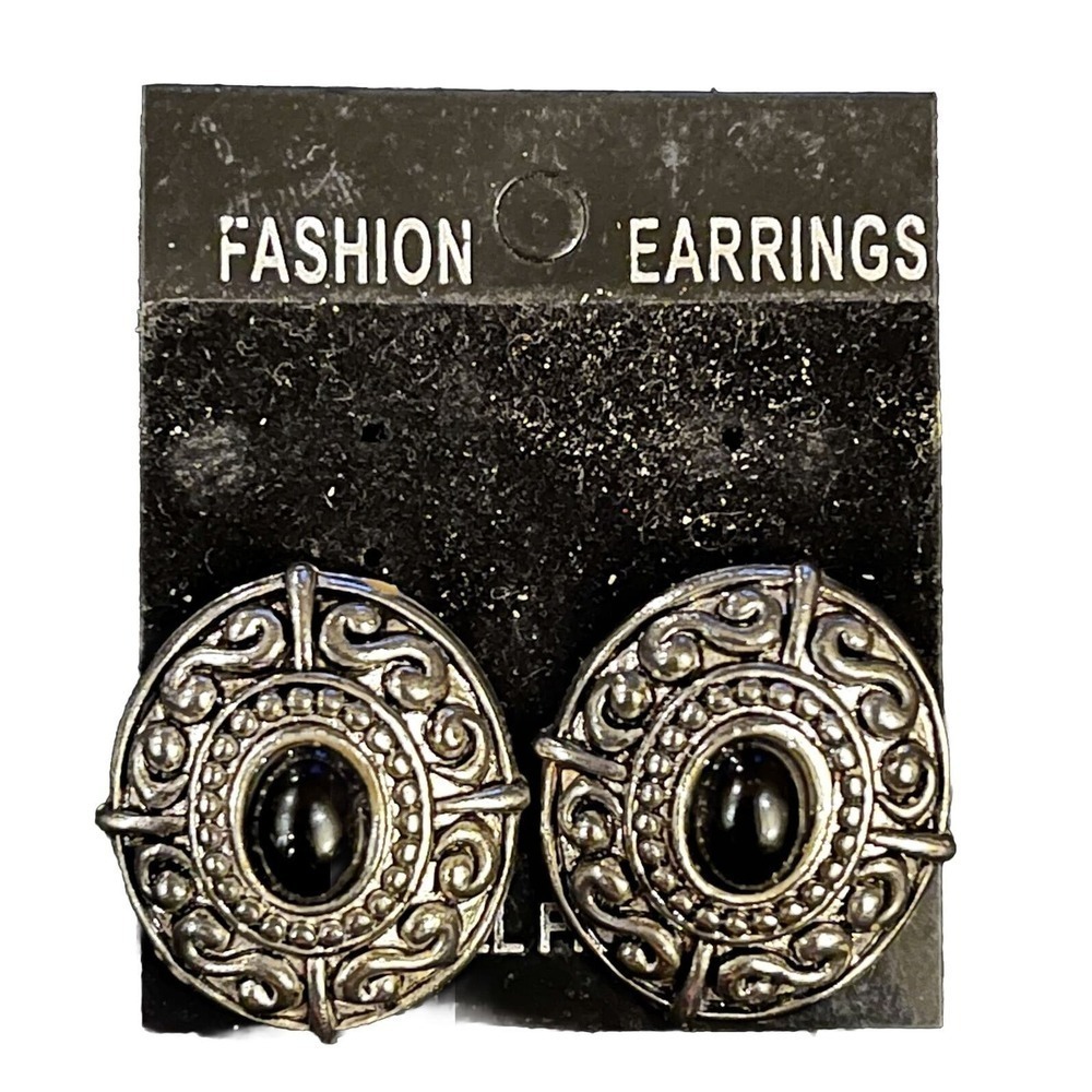 VTG Black Oval Cabochon Deco Earrings Silver Tone Black Glass Clip On Earrings